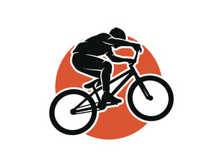 Fototapeta premium Jumping Stunt of Male Cyclist Rider on Bike at Urban Skatepark, Graphic Vector Illustration, Sunset Sun, Side View