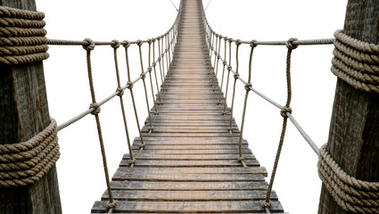 Rustic wooden plank suspension bridge with thick rope railings, isolated on transparent background © Marta