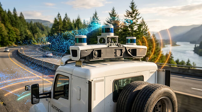 Self-Driving Sensor Van on Scenic Mountain Highway