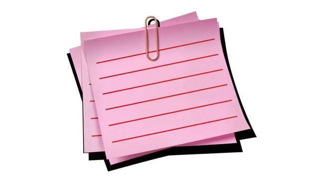 Stack of pink lined sticky notes held together by a rose gold paperclip, isolated on transparent background