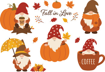 Naklejka premium Cute autumn gnomes clip-art set with dwarfs holding coffee pumpkin umbrella and fall maple leaves thanksgiving seasonal vector illustration collection