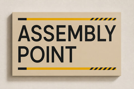 A beige sign with black and yellow hazard stripes reads ASSEMBLY POINT, displayed against a plain background.