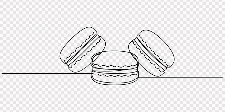 Three tasty french macaron cookies stacked together as a sweet dessert treat drawn in a simple minimalist black outline style for bakery menu design and food illustration projects