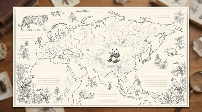 Vintage asian map with hand drawn wildlife illustrations