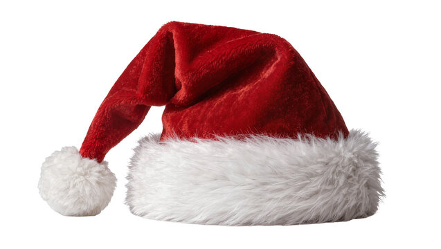 Red plush Santa hat with white fur trim and pompom, isolated on transparent background