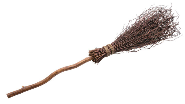 Rustic twig broom with natural wood handle, isolated on transparent background