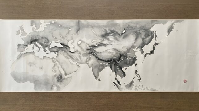 Monochromatic ink wash asian map on long horizontal paper scroll