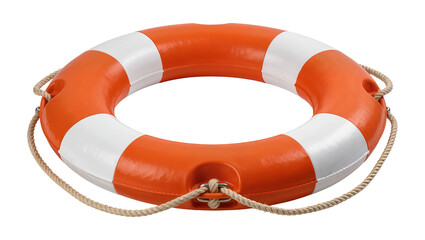 Orange and white life preserver ring with rope, isolated on transparent background © Marta