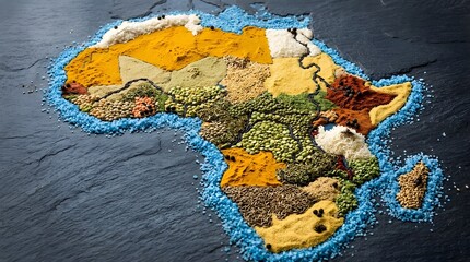 Colorful asian map made from diverse organic spices and seeds