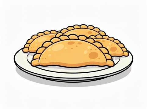 Empanadas served on a round plate represent traditional baked pastry snacks in a minimalist cartoon vector style.