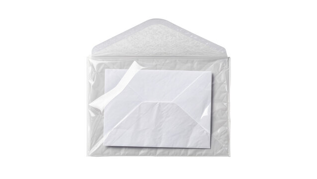 Clear plastic padded envelope holding a white paper letter, isolated on transparent background