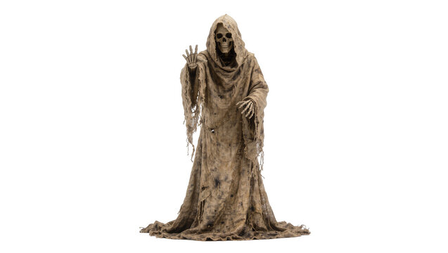 Grim Reaper figure with tattered robe and skeletal face, isolated on transparent background