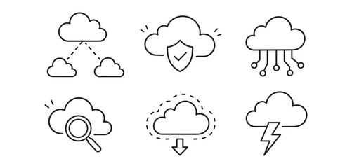 Obraz premium Hand drawn cloud technology outline icons set in black stroke showing sync security download search and storm concepts, with cloud, icon, outline, doodle detail