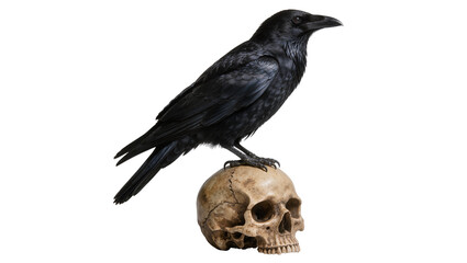Fototapeta premium Black raven perched on a cracked human skull, isolated on transparent background