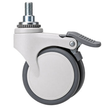 Isolated medical caster wheel with grey rubber, side view on