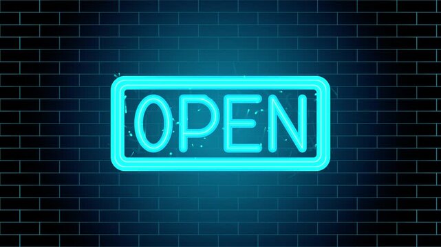 Neon open sign glowing in dark grid pattern