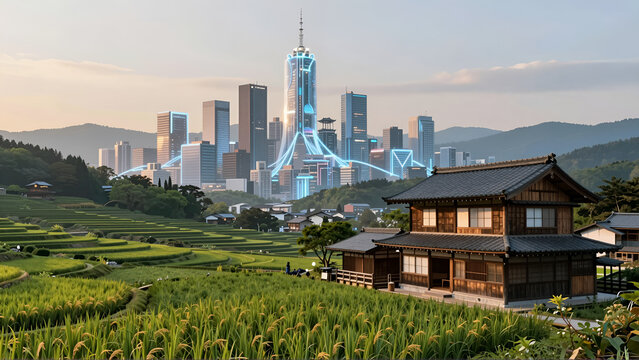 田舎の田園風景と近未来都市