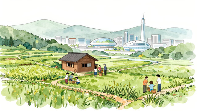 田舎の田園風景と近未来都市のイラスト
