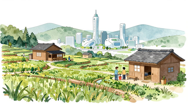 田舎の田園風景と近未来都市のイラスト