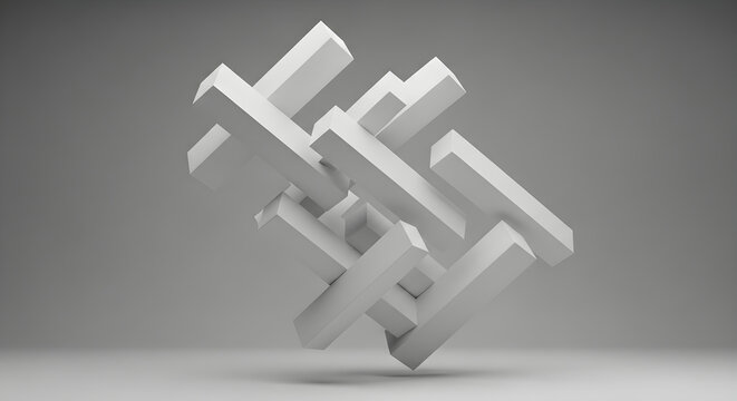Abstract geometric composition featuring white rectangular bars floating in a minimalist three dimensional spatial arrangement