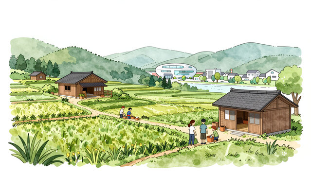 田舎の田園風景と近未来都市のイラスト