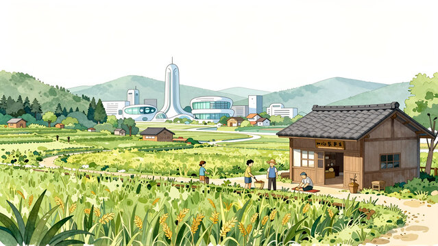 田舎の田園風景と近未来都市のイラスト