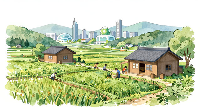 田舎の田園風景と近未来都市のイラスト
