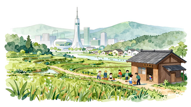 田舎の田園風景と近未来都市のイラスト