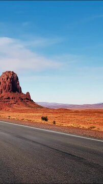 Aerial view of a red rock mesa rising from a desert landscape with winding road and sparse vegetation under clear blue sky
