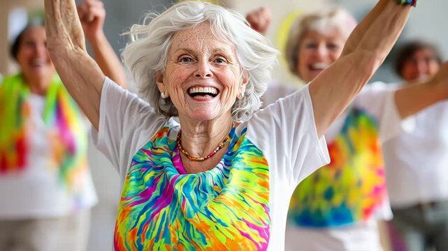 Joyful seniors celebrating with raised hands in colorful clothing against a vibrant background
