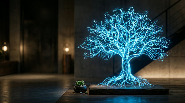 Glowing blue data tree sculpture on a wooden base indoors in soft daylight