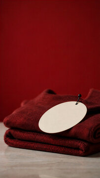 Black Friday Christmas Sale Folded Red Sweater with Blank Oval Clothing Tag on Red Background