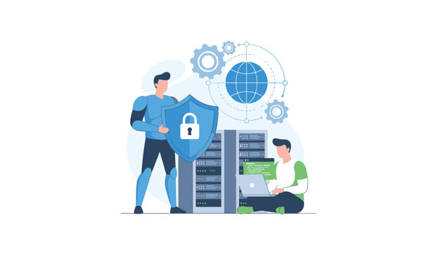 Professional cyber security team with a knight in armor holding a shield of padlock next to database servers.