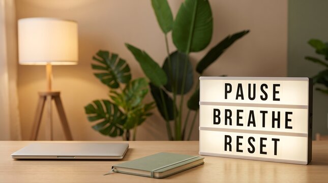 Pause Breathe Reset Motivational Light Box on Wooden Desk with Laptop and Green Plants for Wellness Concept Banner