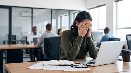 Obraz premium Overwhelmed female employee covering eyes at office desk feeling exhausted and stressed during a busy workday task.