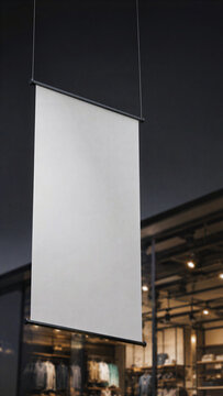 Retail Sale Blank Hanging Vertical Banner Mockup in Modern Fashion Store