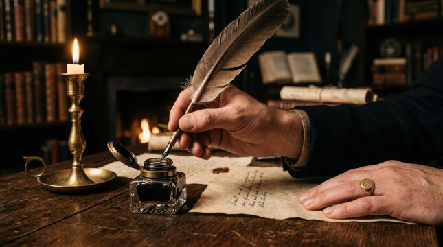 A writers hand holding a quill pen writing by candlelight in a study.