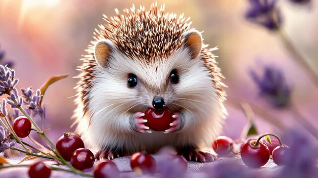 Adorable hedgehog with red berry among lavender and cherries in dreamy setting