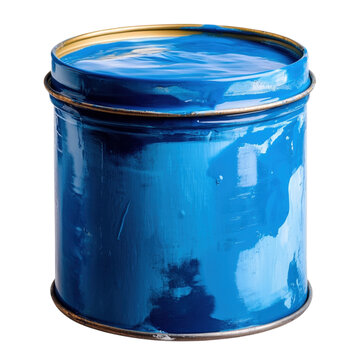Blue metal paint can with glossy finish, industrial tin container for renovation and DIY decorating supply photography isolated on Transparent Background