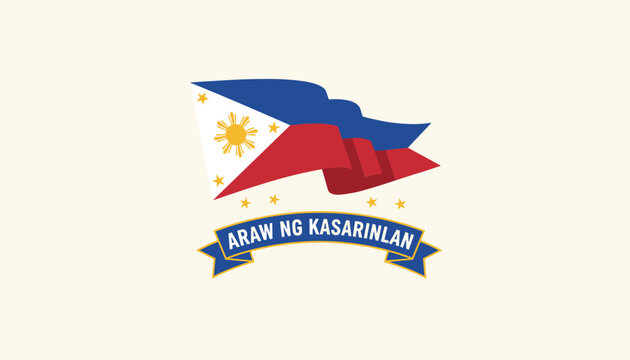 Philippine independence day celebration graphic featuring waving flag and blue ribbon banner with Araw ng Kasarinlan text on off-white background.