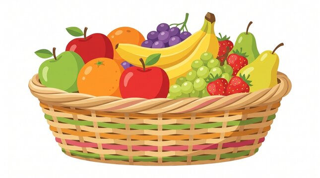 Colorful vector illustration of a woven basket filled with fresh apples, bananas, oranges, pears, grapes and strawberries, creating a vibrant healthy food composition isolated on a white background.