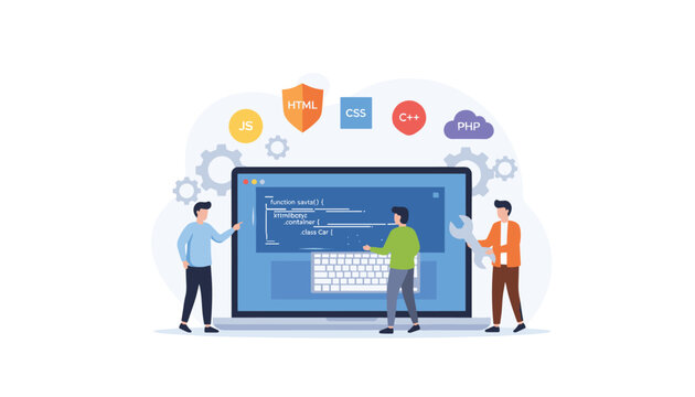 Team of web developers working together around a giant laptop screen with programming languages and coding icons on white background.