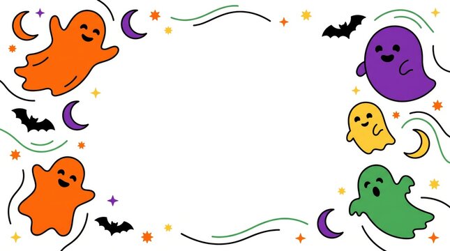 Cute halloween ghost frame illustration with smiling spirits and moon cute ghosts halloween border bats and stars cartoon ghosts halloween background ghost characters spooky frame