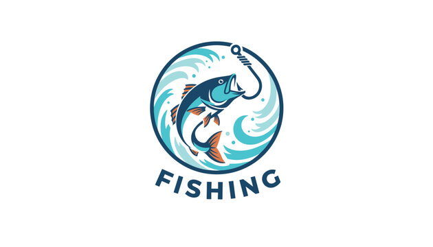 Fishing emblem design showing a wild fish leaping out of ocean wave water towards a sharp metal hook inside circle frame.