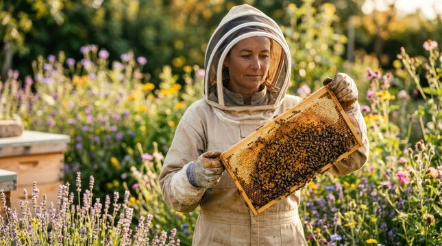 Beekeeper in protective suit examining a honey frame in a field of flowers.