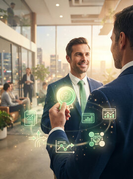 Two men in suits with floating chart graphics in a sunlit modern city office