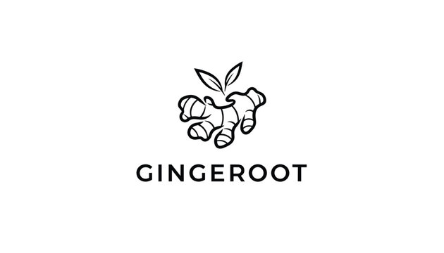 Minimalist organic logo showing black outline of fresh ginger root with green leaves on clean white background.