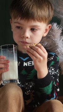 Vertical video. Child drinking milk and eating cookies at Christmas. Cozy festive mood