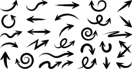 Fototapeta premium Hand Drawn Brush Arrows Set Grunge Sketch Pointers and Directional Vector Icons Collection 