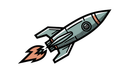 Retro style rocket ship with orange flame exhaust, isolated on transparent background © Marta